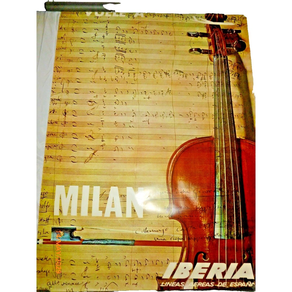 Vintage Iberia Airlines Milan Travel Poster Violin Music A Moreno Spain 38x24